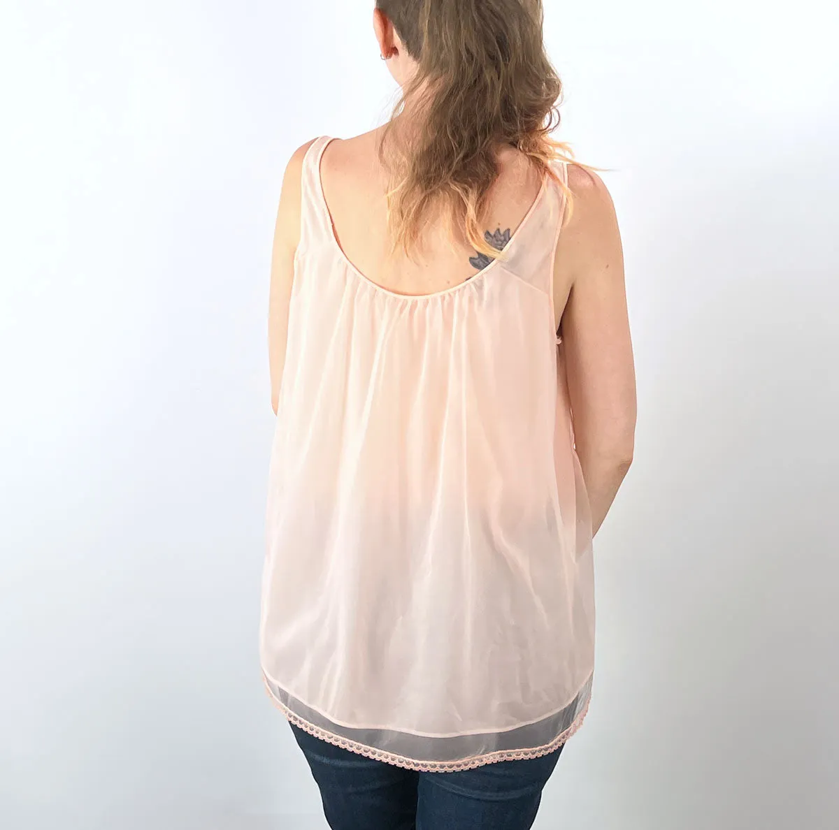 50s Nylon Chiffon Top Pink BabyDoll60s PJ Pajama Top Lace Roses VFG Van Raalte