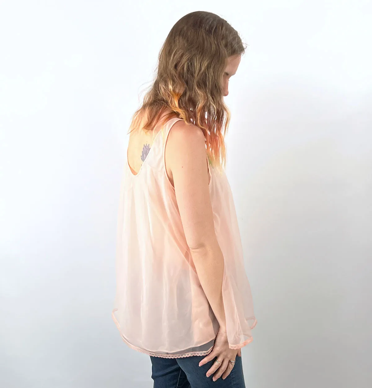 50s Nylon Chiffon Top Pink BabyDoll60s PJ Pajama Top Lace Roses VFG Van Raalte