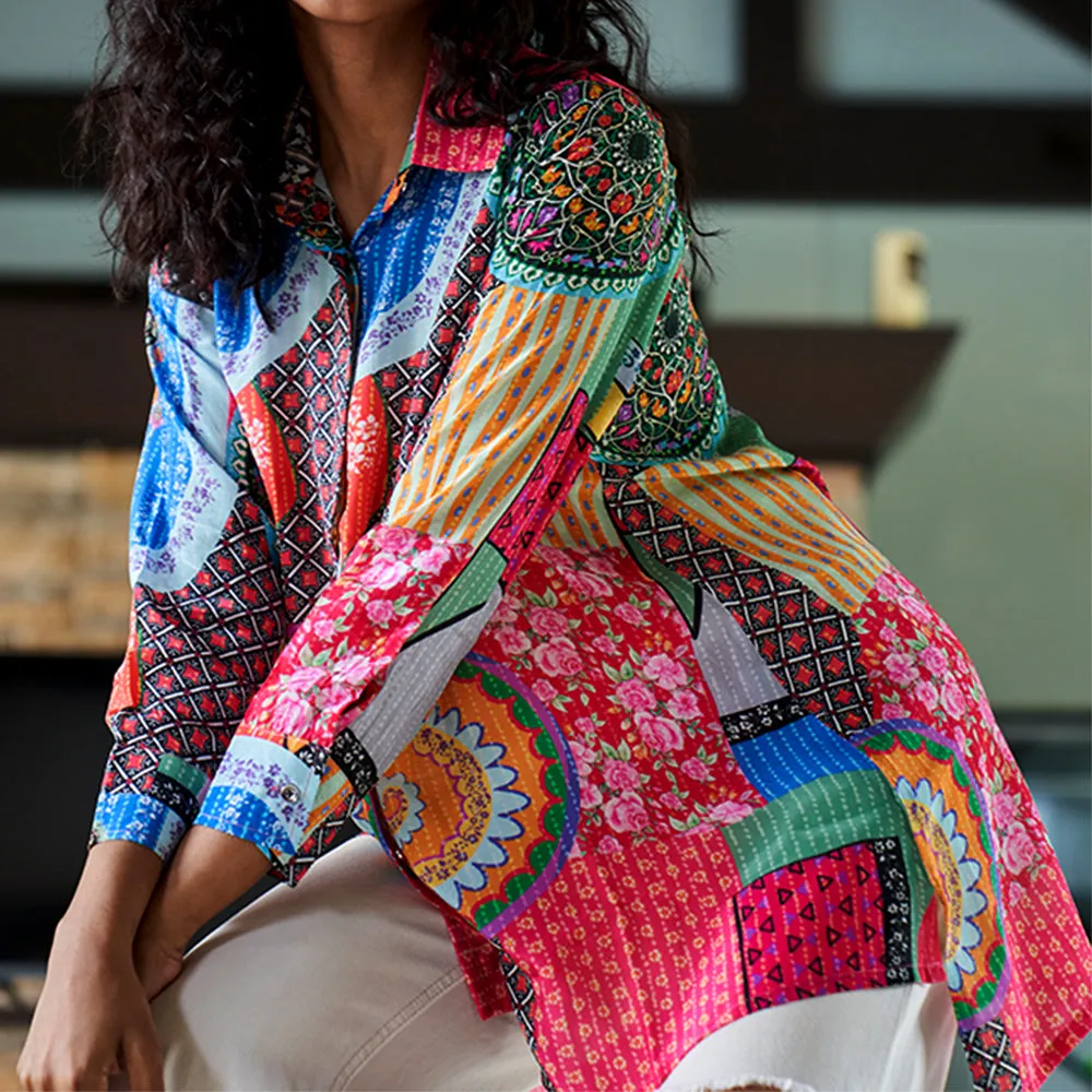 Abstract Print Crepe Shirt Top