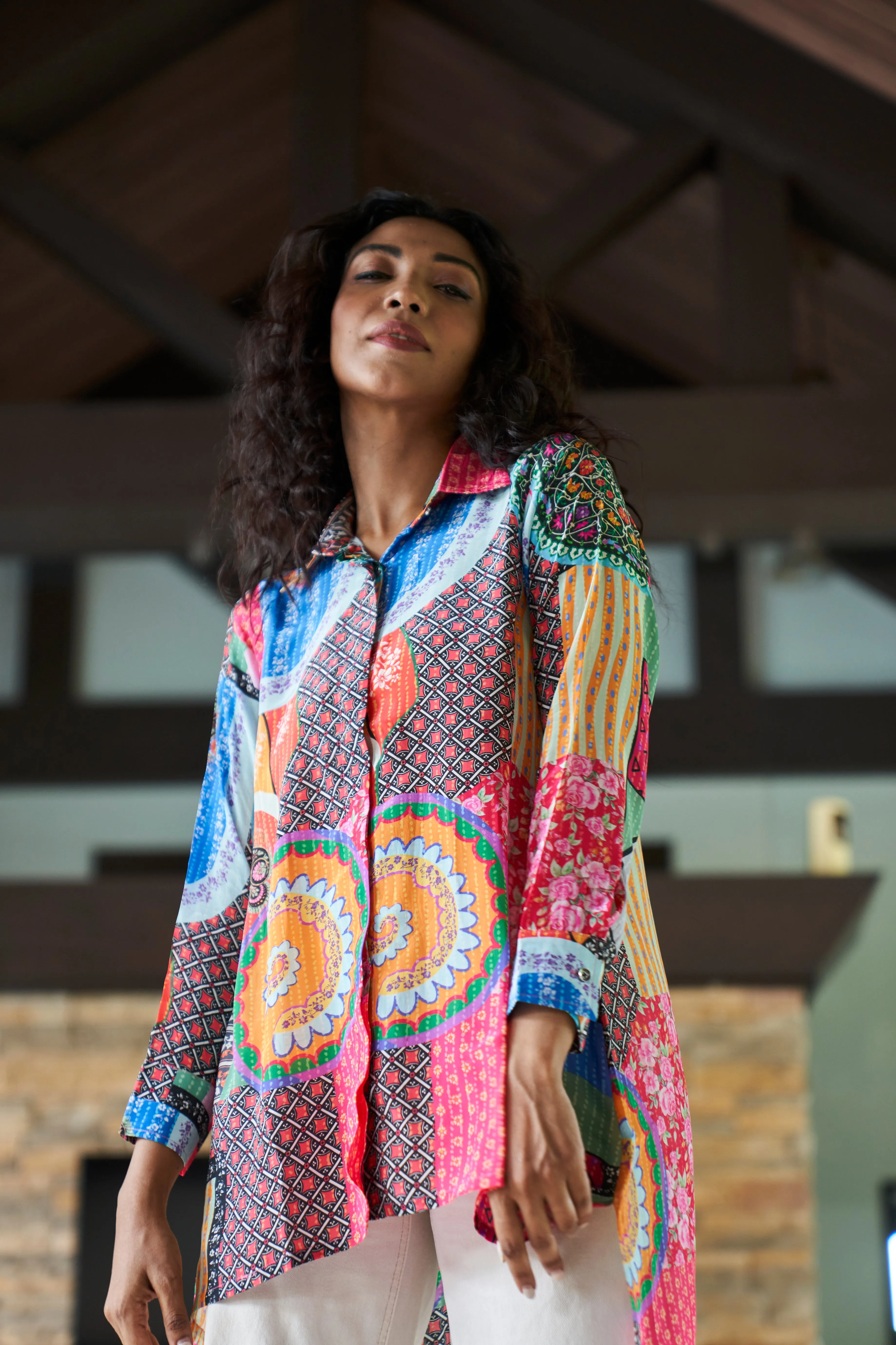 Abstract Print Crepe Shirt Top