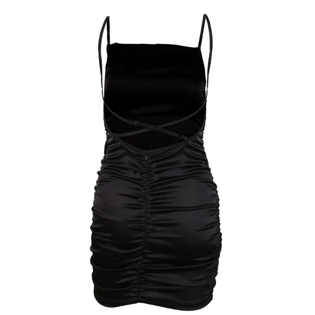 Adjustable Crisscross Ruched Strappy Bodycon- Black
