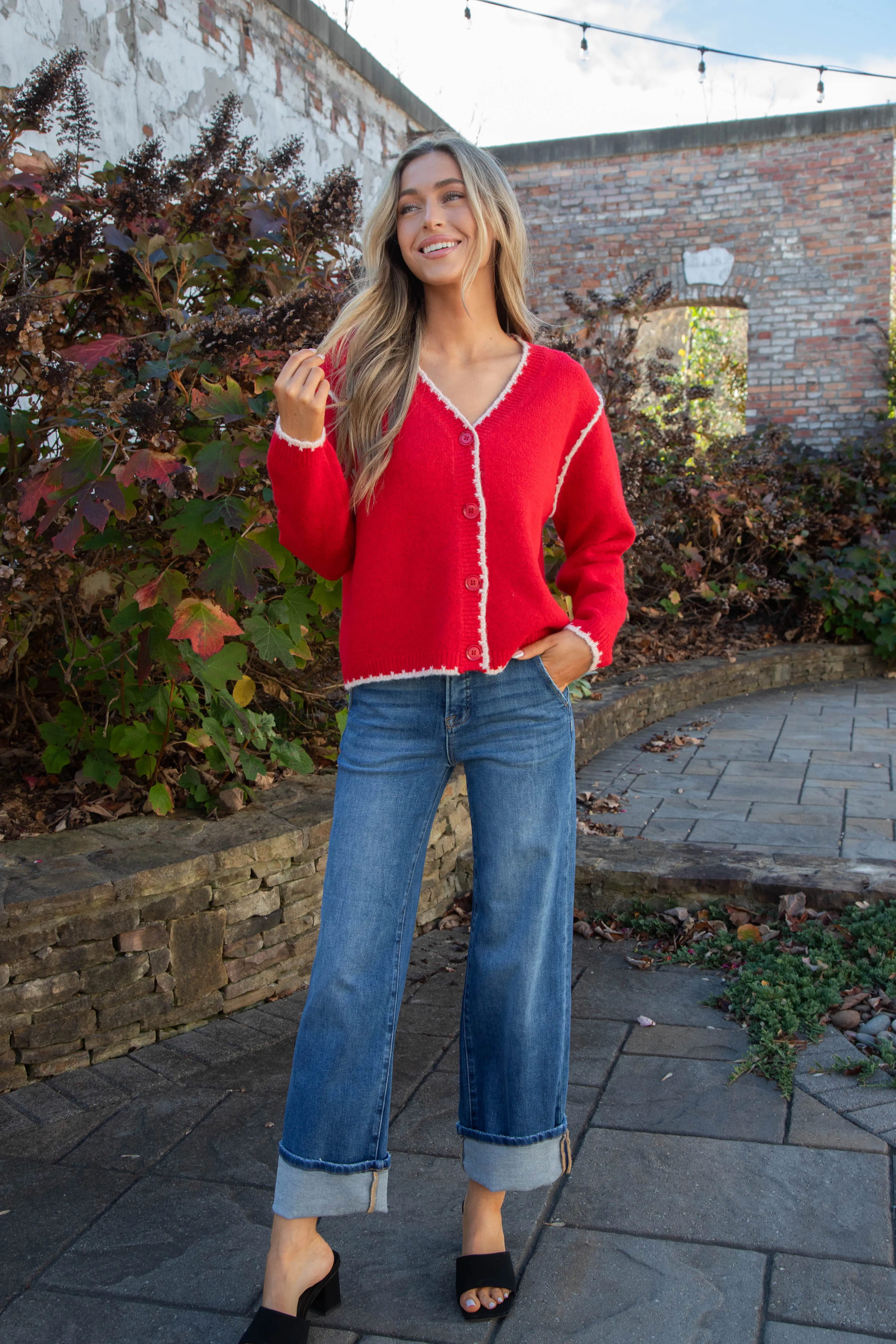 Aeryn Contrast Stitch Edges Cardigan, Red