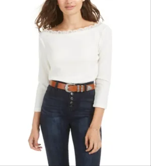 American Rag Junior's Lace Trimmed Pointelle Knit Top White Size Medium