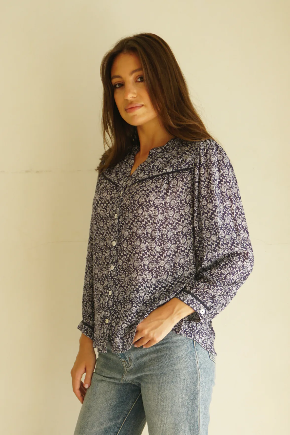 Anna Shirt in Navy Vines Print