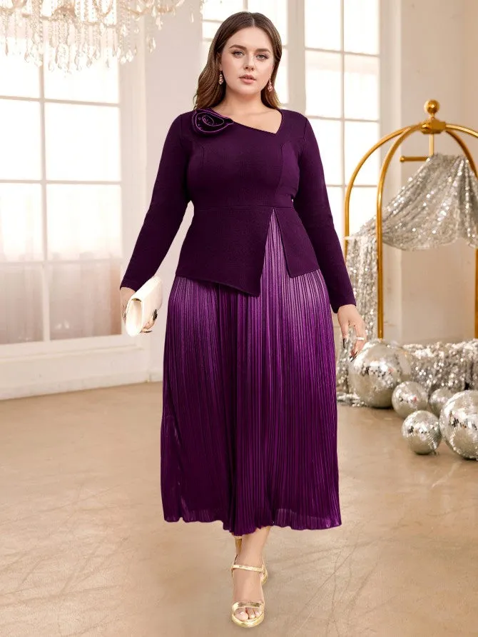 AOMEIDRESS A Line Dress Asymmetrical Neck 3D Flower Patchwork Pleated