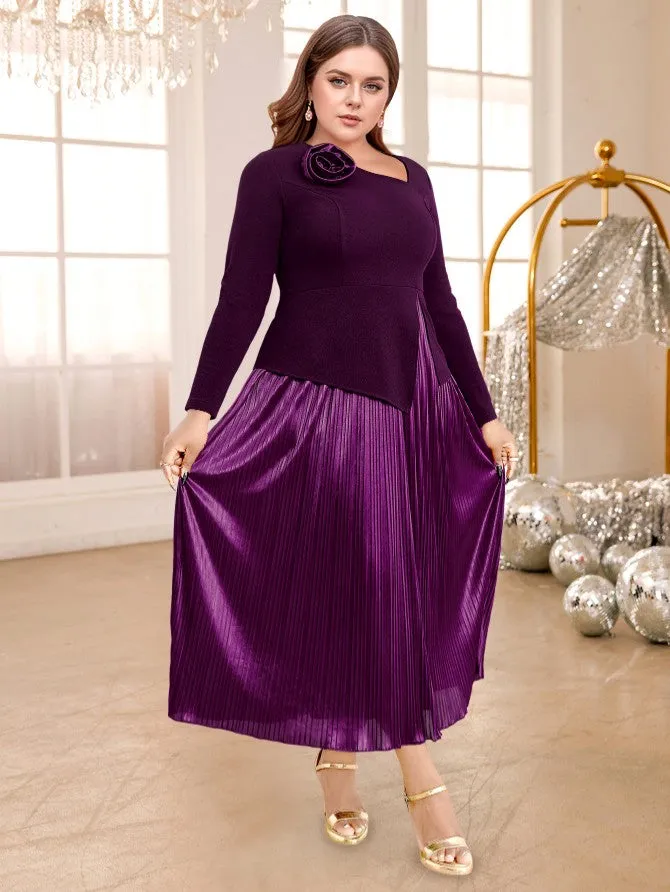 AOMEIDRESS A Line Dress Asymmetrical Neck 3D Flower Patchwork Pleated