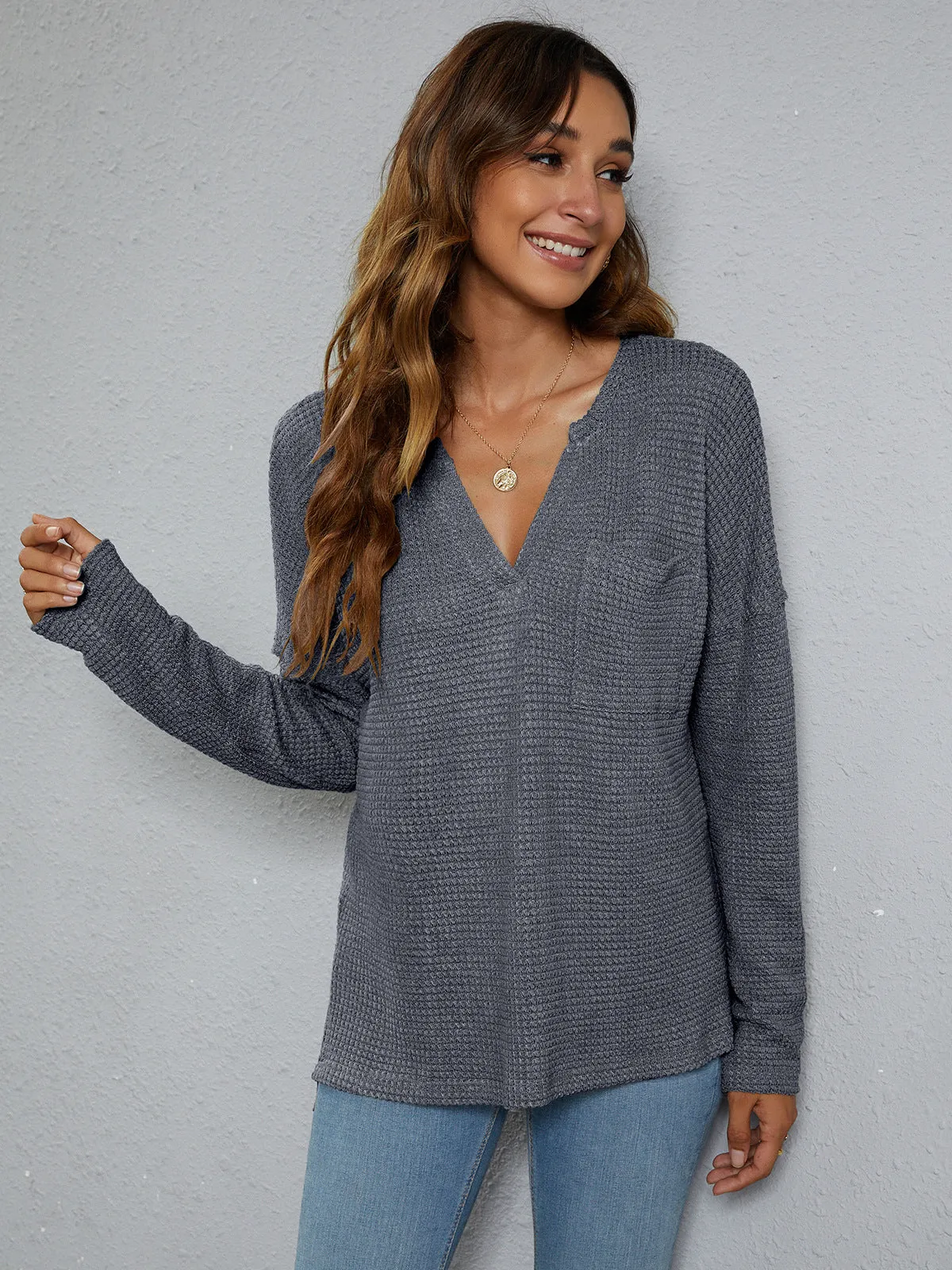*APP EXCLUSIVE* Dropped Shoulder High-Low Waffle-Knit Top