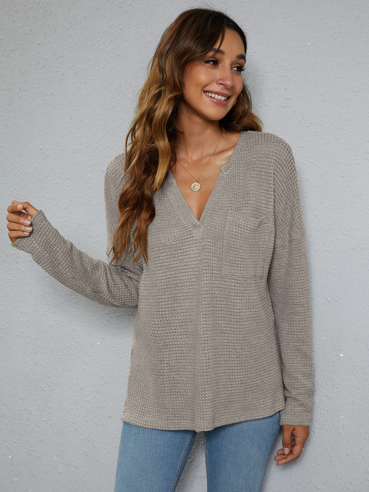 *APP EXCLUSIVE* Dropped Shoulder High-Low Waffle-Knit Top