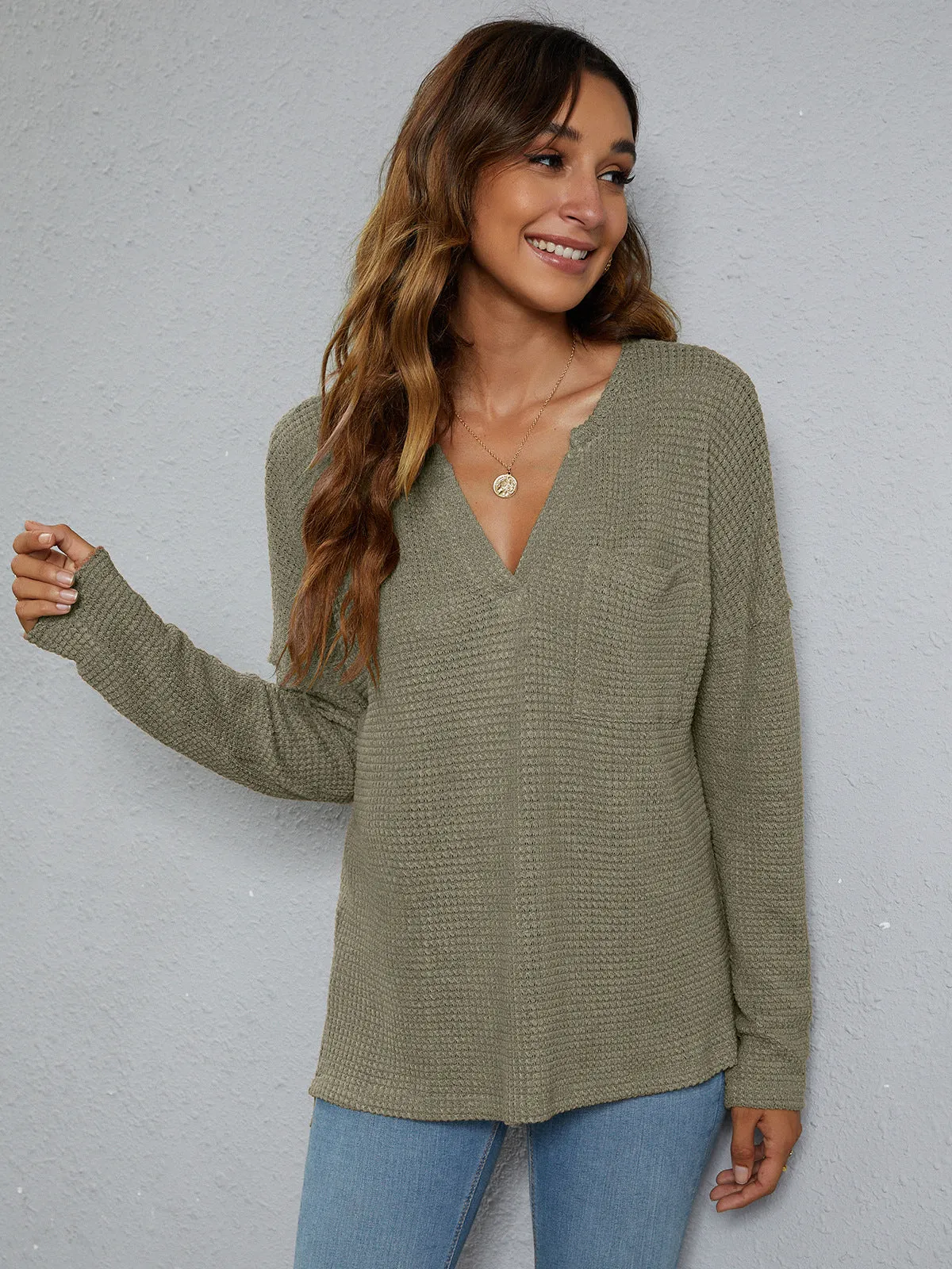 *APP EXCLUSIVE* Dropped Shoulder High-Low Waffle-Knit Top