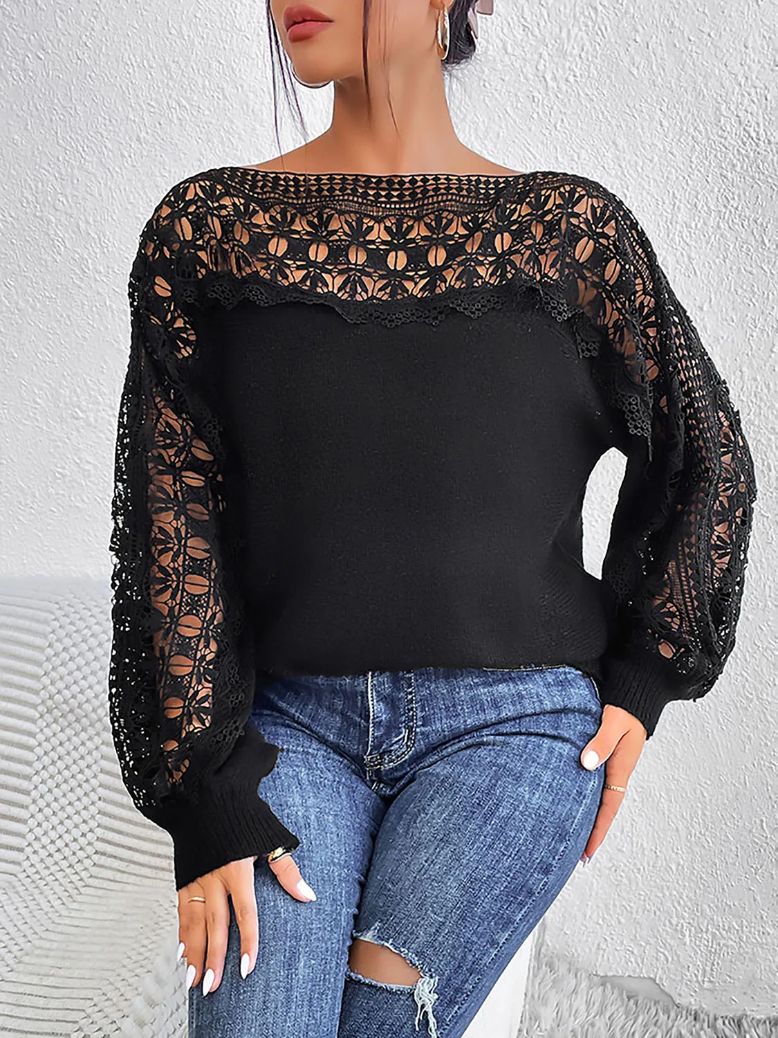 *APP EXCLUSIVE* Lace Trim Boat Neck Knit Top
