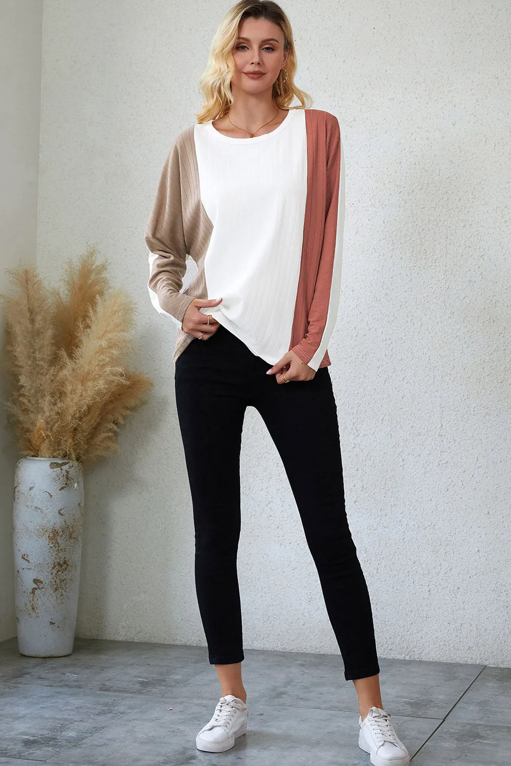 Apricot Striped Ribbed Dolman Knit Top