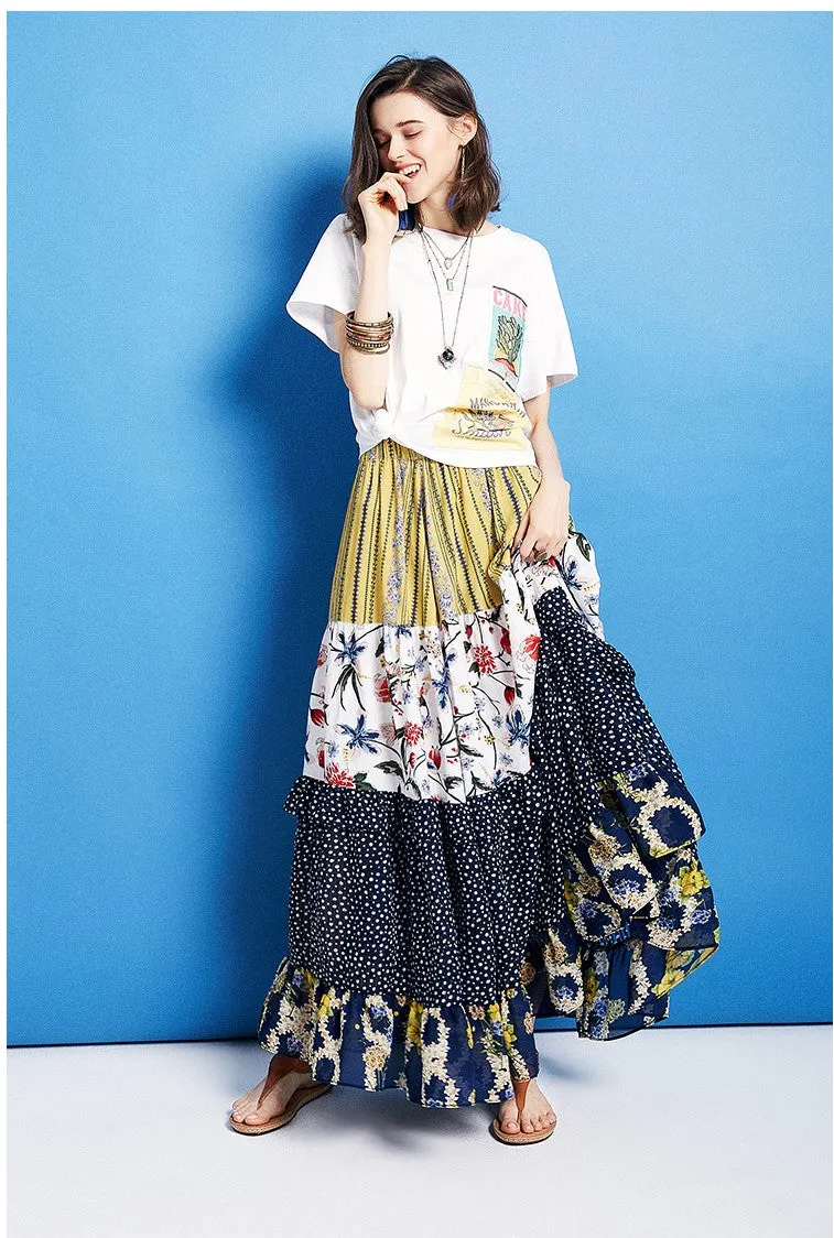 ARTKA VINTAGE RUFFED CHIFFON MIXED PRINT MAXI SKIRT