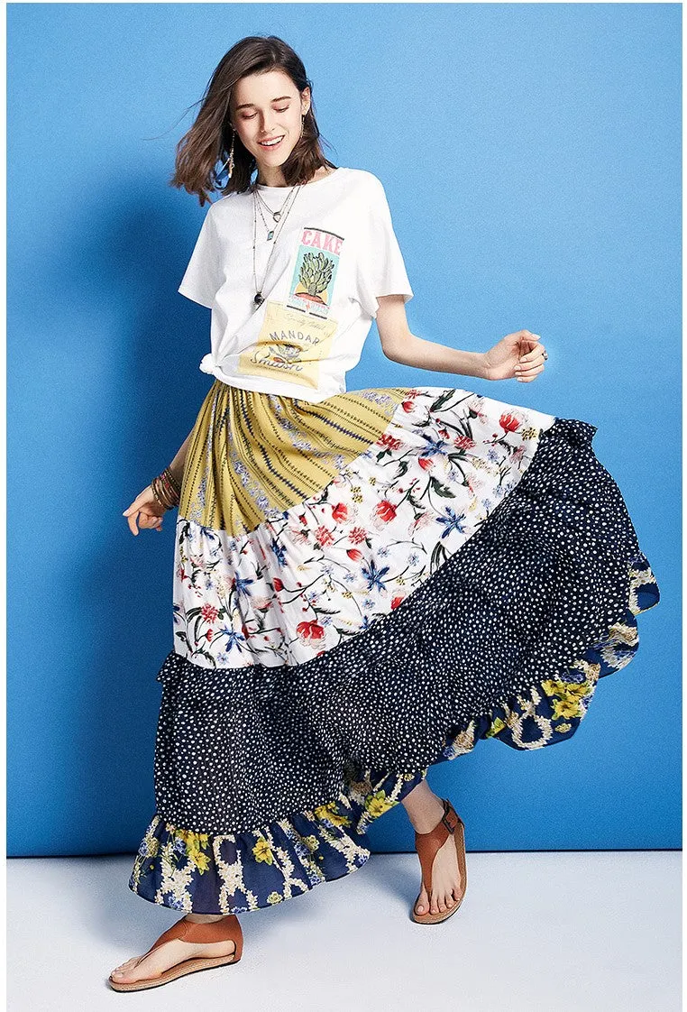 ARTKA VINTAGE RUFFED CHIFFON MIXED PRINT MAXI SKIRT