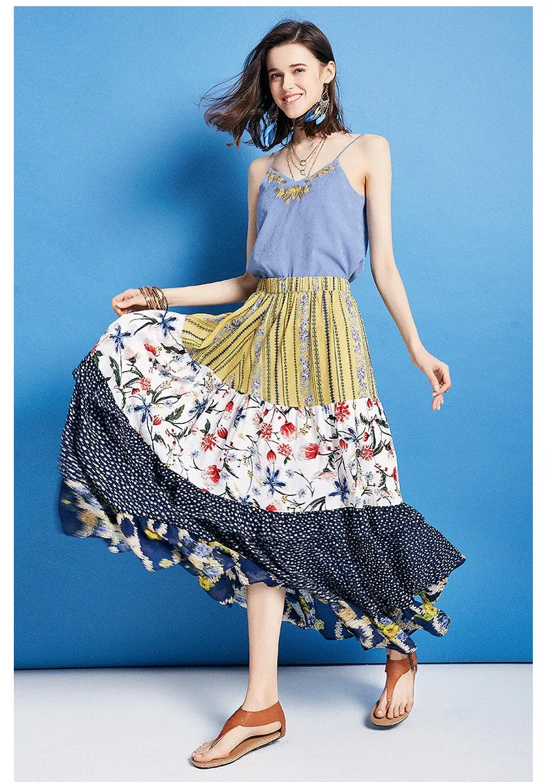ARTKA VINTAGE RUFFED CHIFFON MIXED PRINT MAXI SKIRT