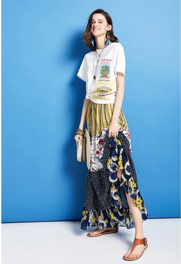 ARTKA VINTAGE RUFFED CHIFFON MIXED PRINT MAXI SKIRT