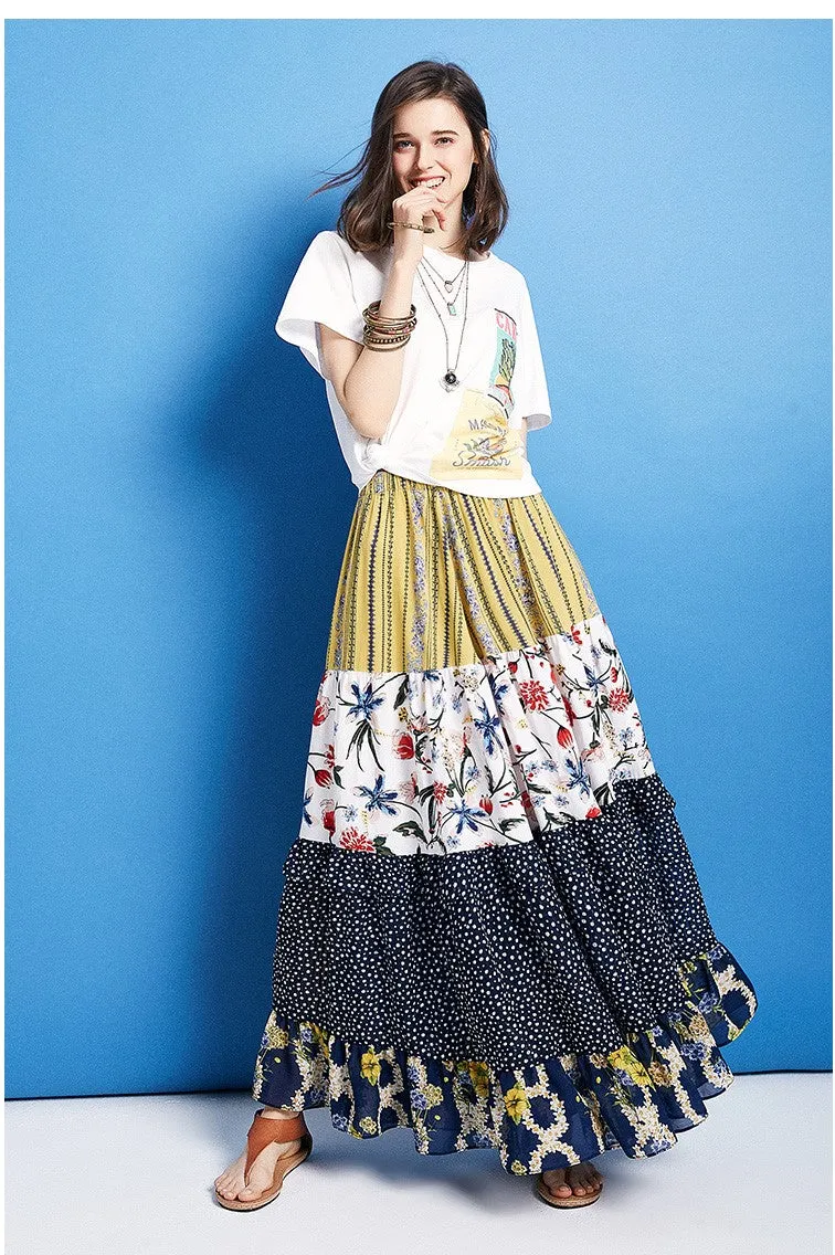 ARTKA VINTAGE RUFFED CHIFFON MIXED PRINT MAXI SKIRT