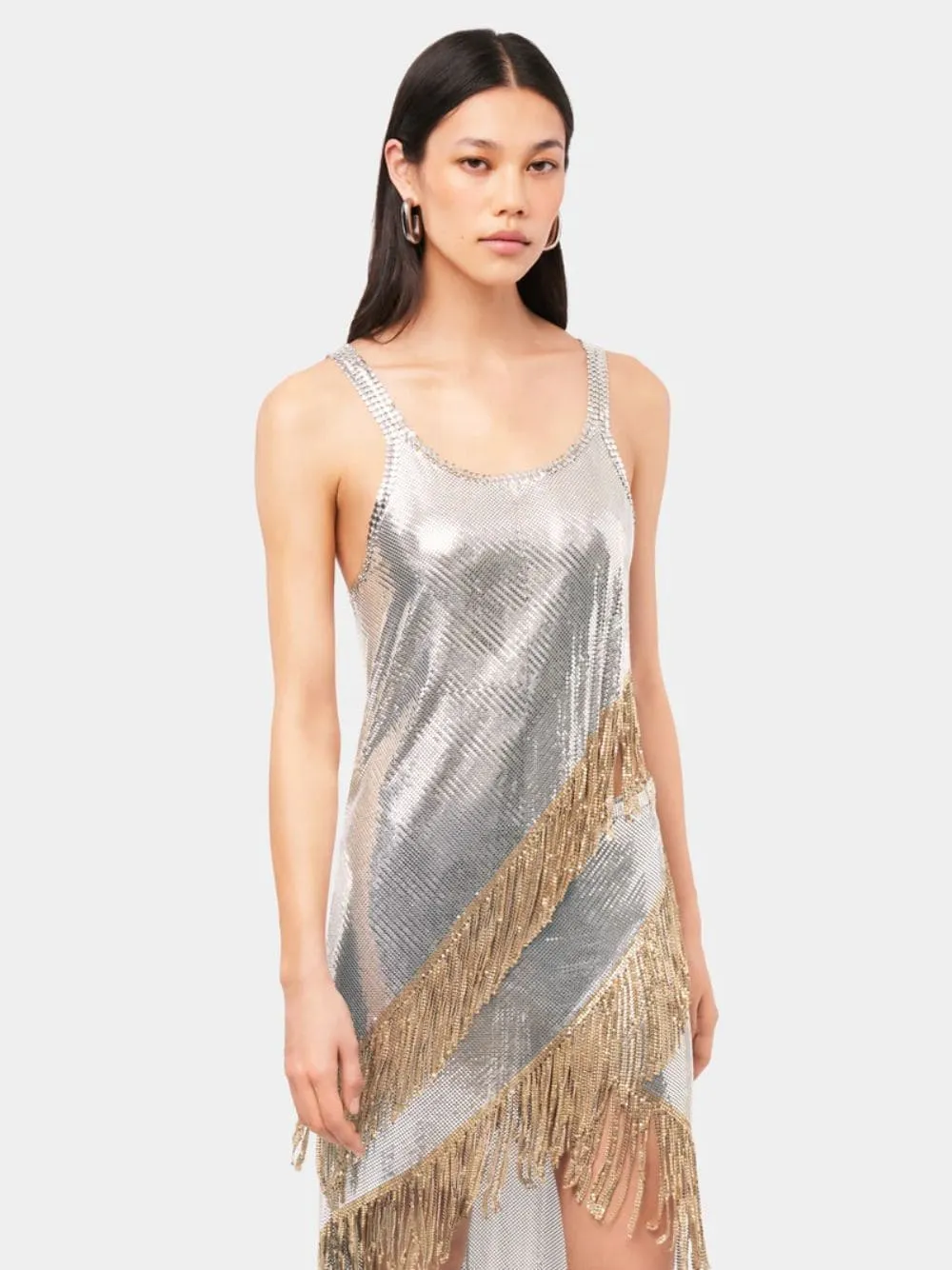 Asymmetrical Chainmail Top with Metallic Fringes