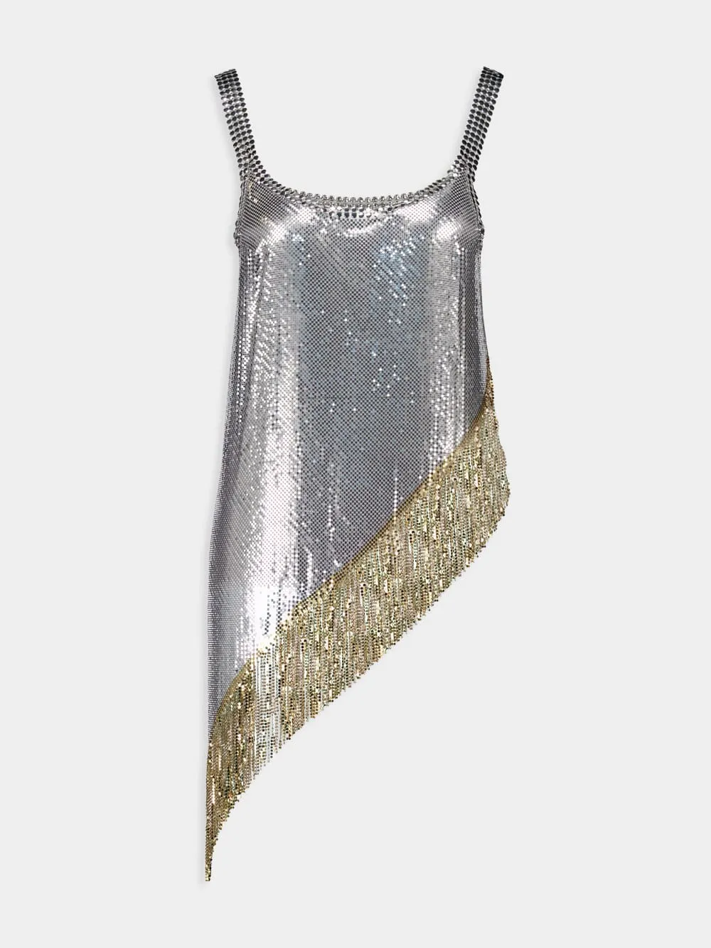 Asymmetrical Chainmail Top with Metallic Fringes
