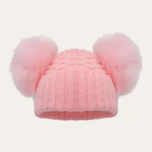 Baby Pink Double Pom Pom Knitted Hat