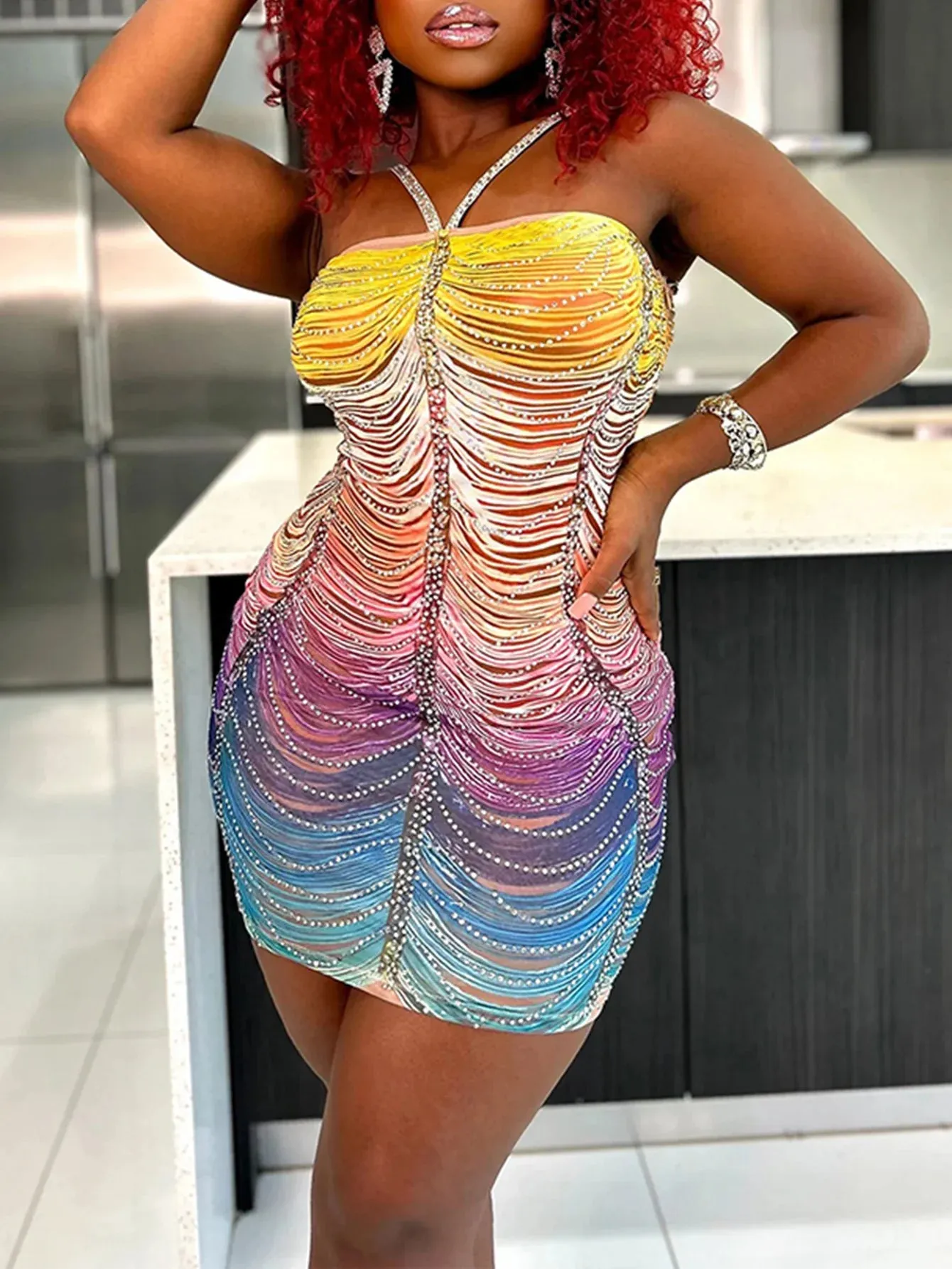Backless Rhinestone Bodycon Mini-Dress