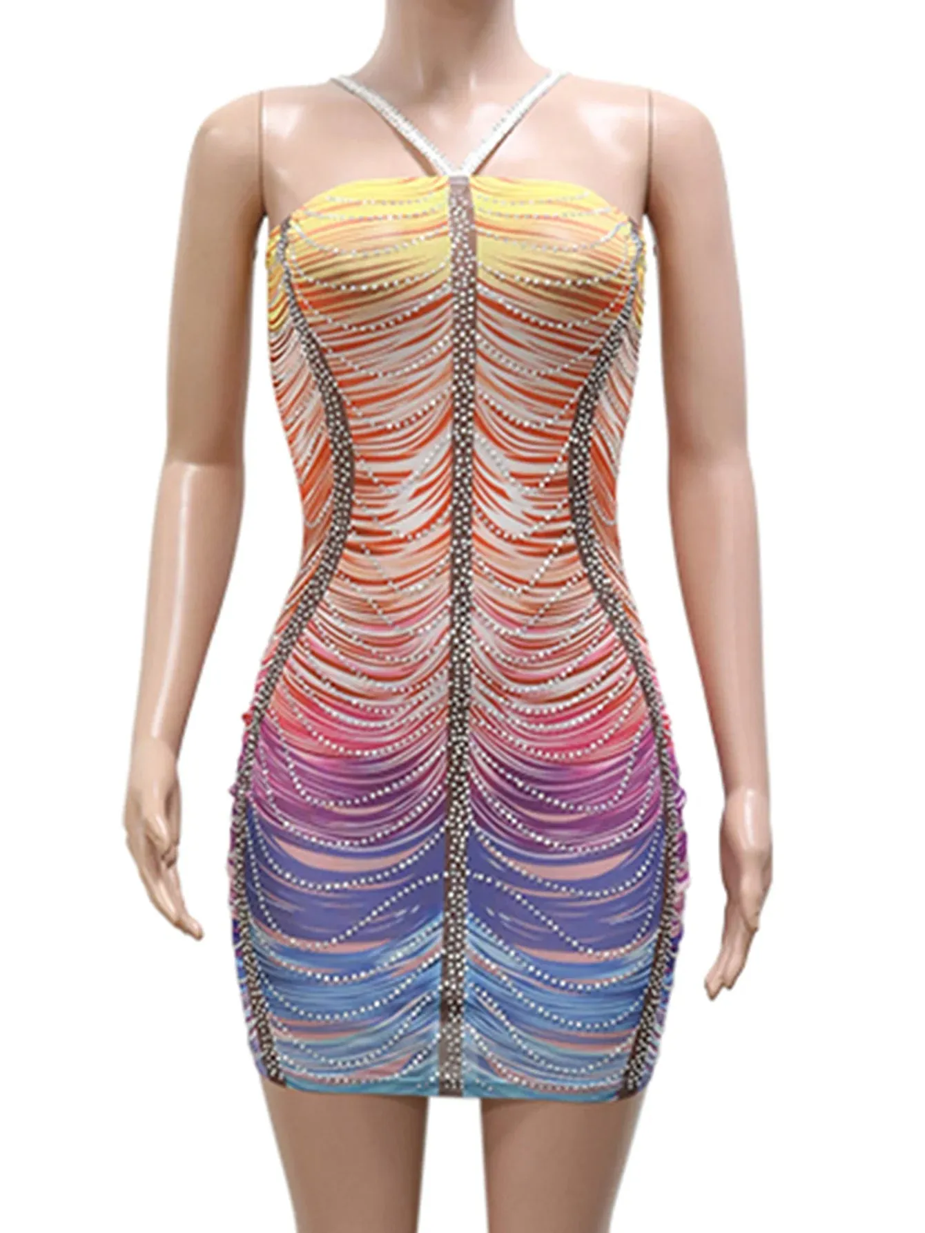 Backless Rhinestone Bodycon Mini-Dress