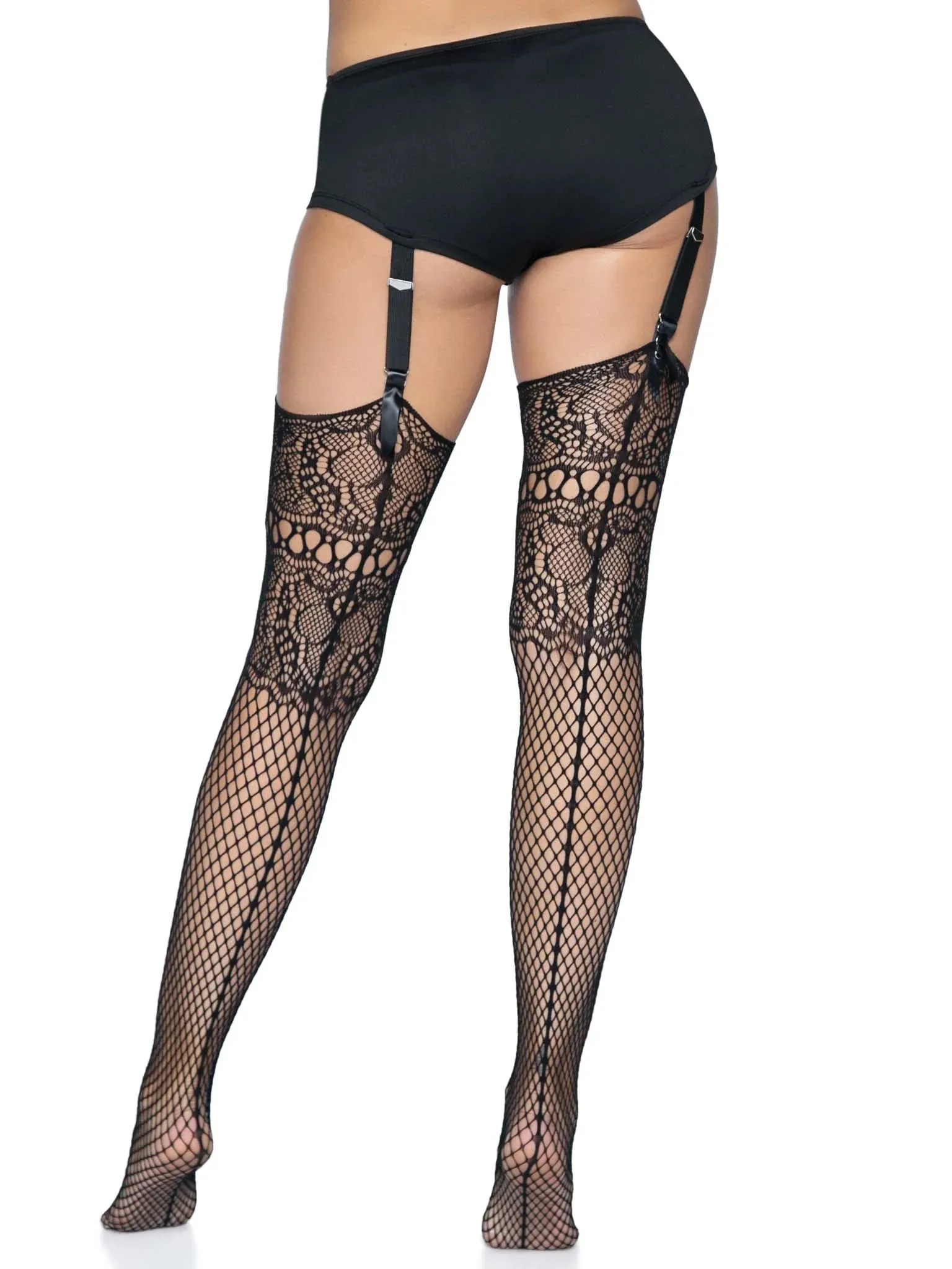 Backseam Fishnet Stockings with Lace Top