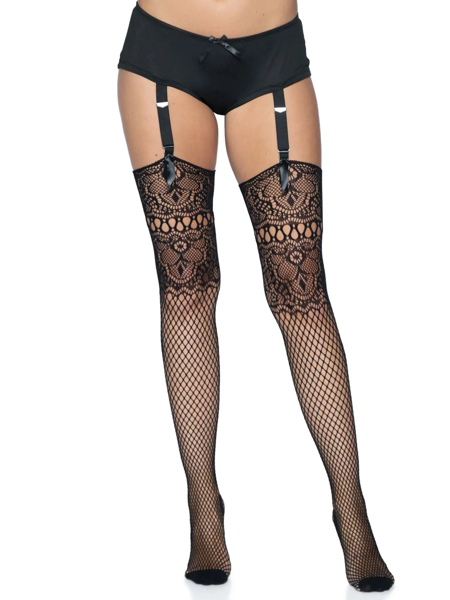 Backseam Fishnet Stockings with Lace Top