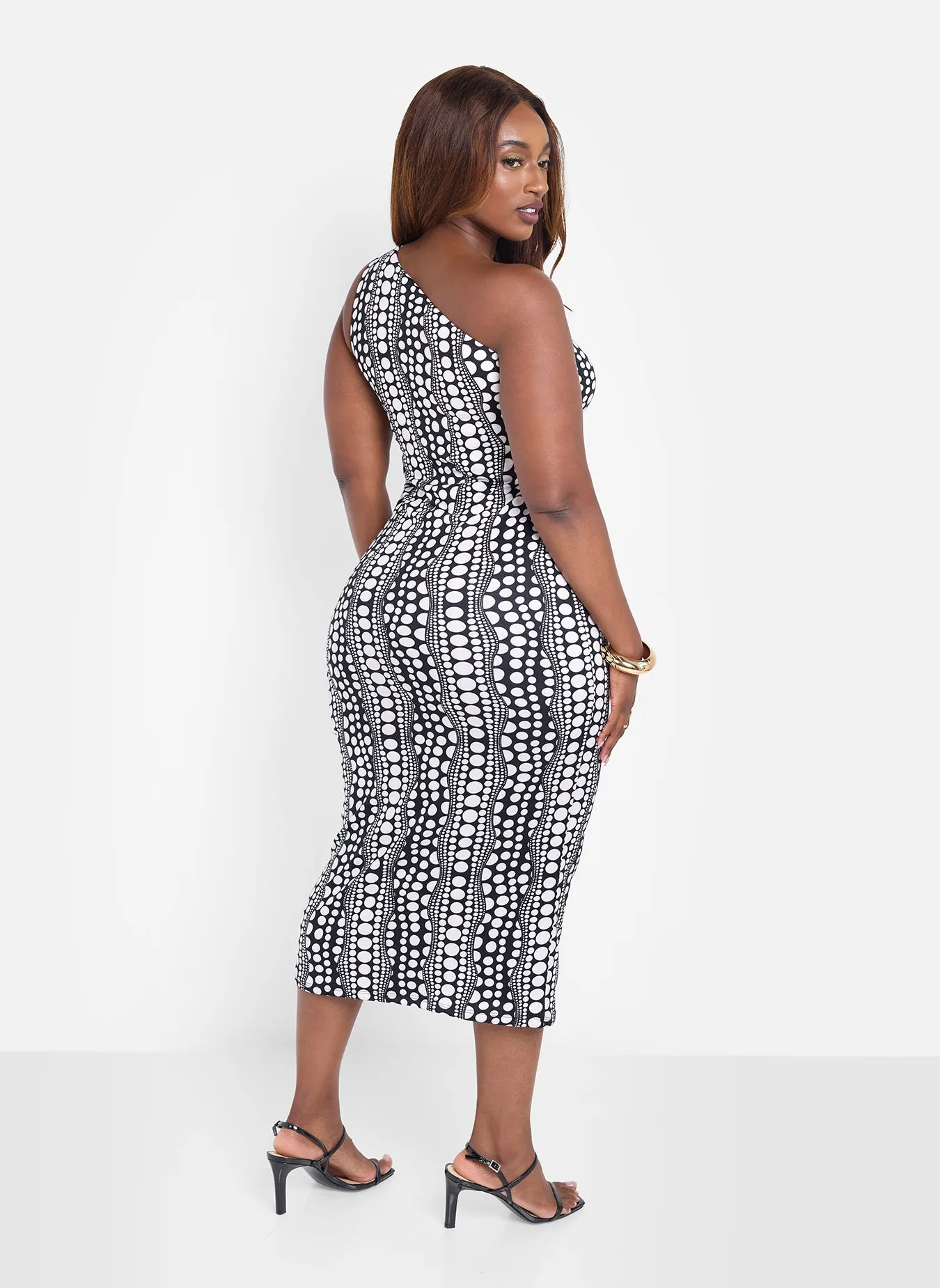 Bai Polka Dot Single Shoulder Bodycon Midi Dress