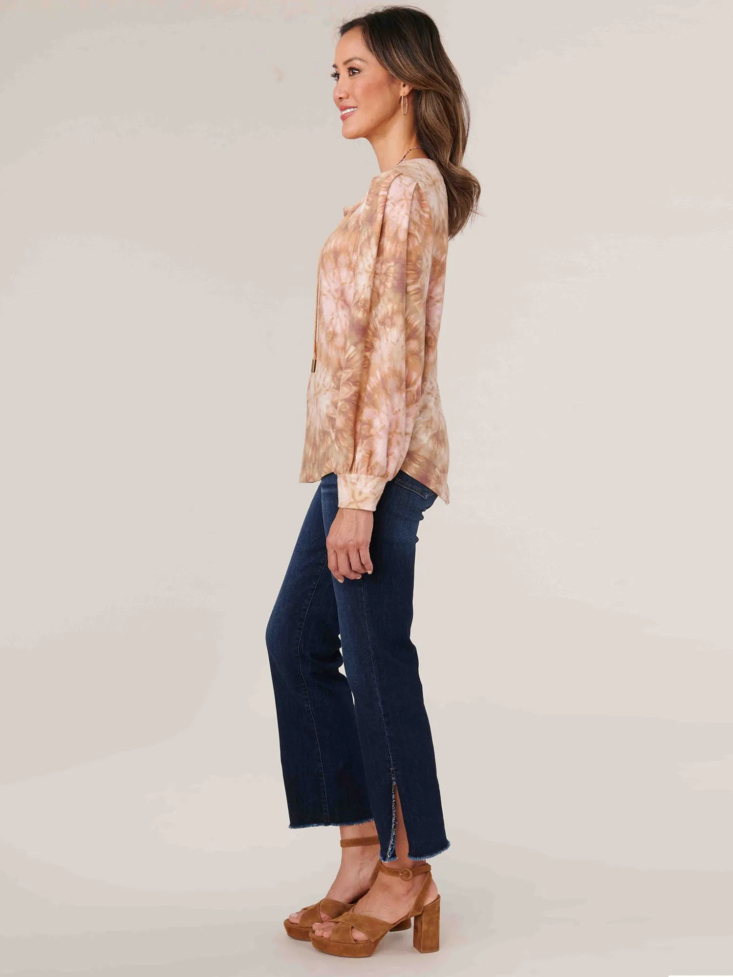 Banded Blouson Sleeve Scoop Lace Up Neck Printed Petite Knit Top