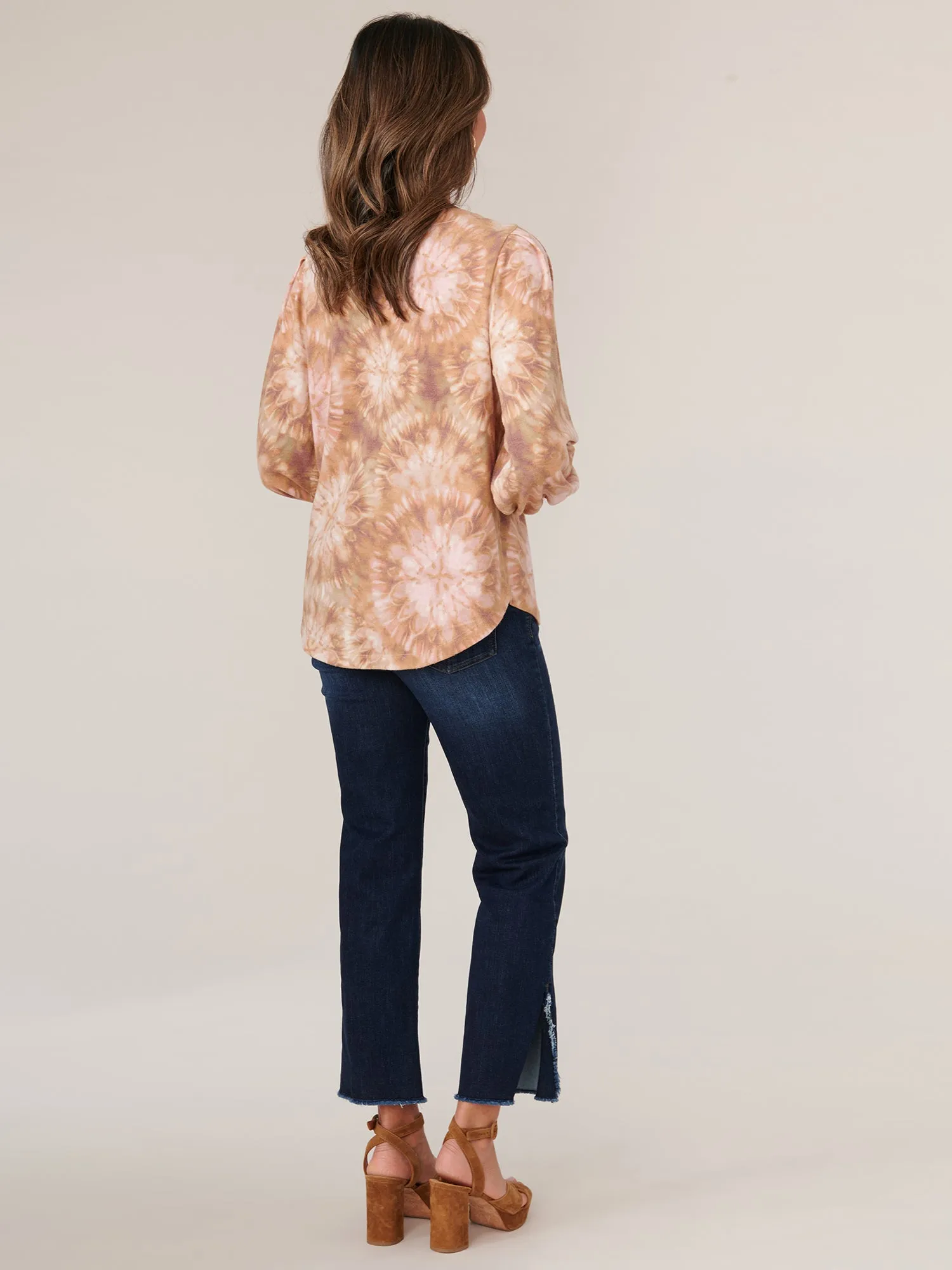 Banded Blouson Sleeve Scoop Lace Up Neck Printed Petite Knit Top