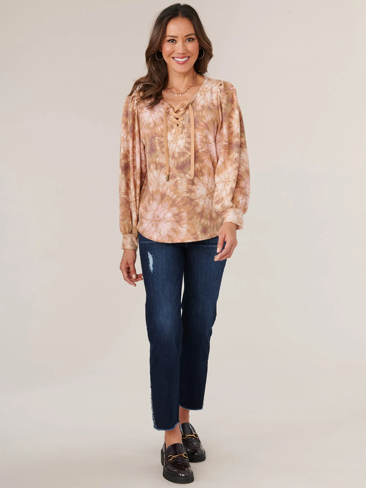 Banded Blouson Sleeve Scoop Lace Up Neck Printed Petite Knit Top