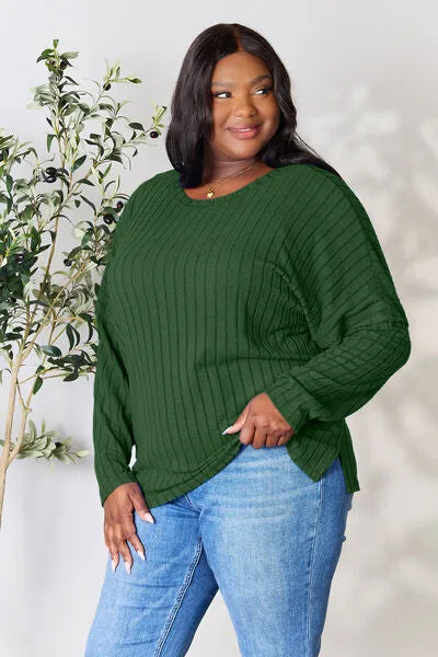 Basic Bae Full Size Ribbed Round Neck Slit Knit Top Sweater