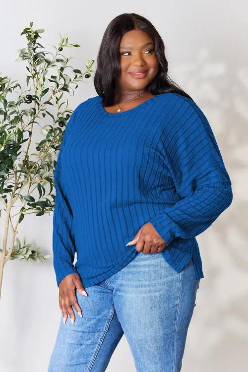 Basic Bae Full Size Ribbed Round Neck Slit Knit Top Sweater