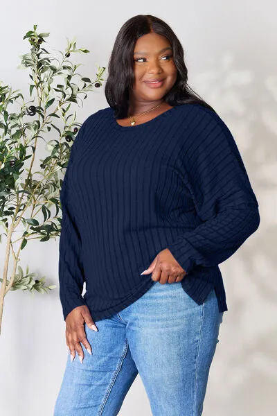 Basic Bae Full Size Ribbed Round Neck Slit Knit Top Sweater