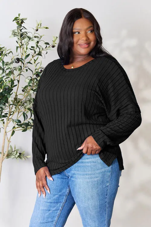Basic Bae Full Size Ribbed Round Neck Slit Knit Top Sweater
