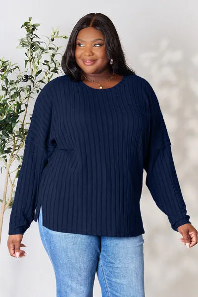 Basic Bae Full Size Ribbed Round Neck Slit Knit Top Sweater