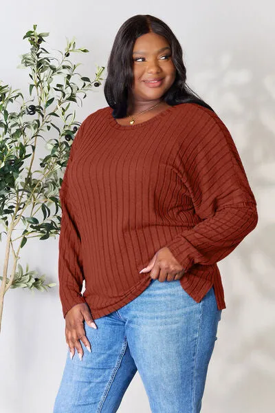 Basic Bae Full Size Ribbed Round Neck Slit Knit Top Sweater