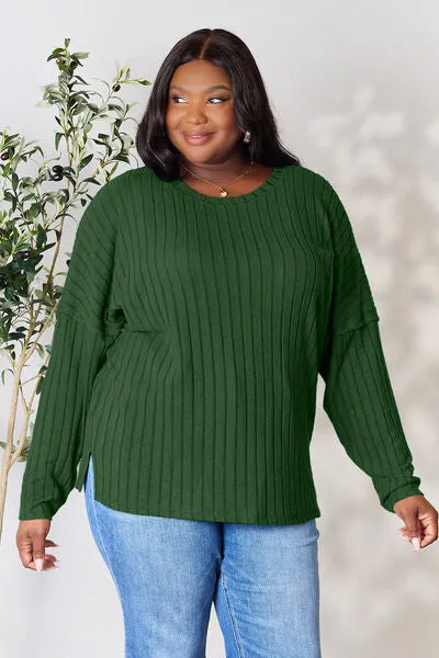 Basic Bae Full Size Ribbed Round Neck Slit Knit Top Sweater