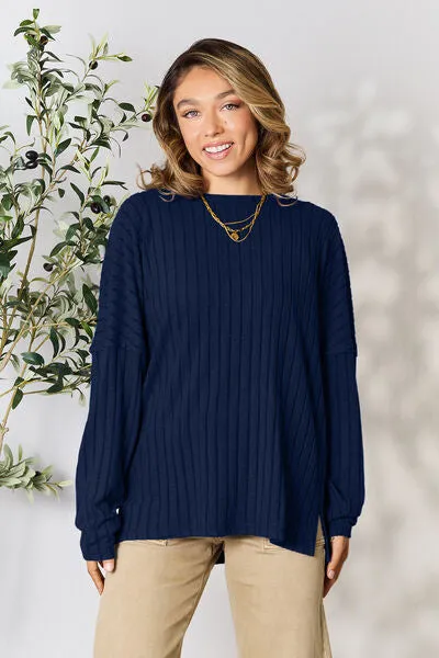 Basic Bae Full Size Ribbed Round Neck Slit Knit Top Sweater