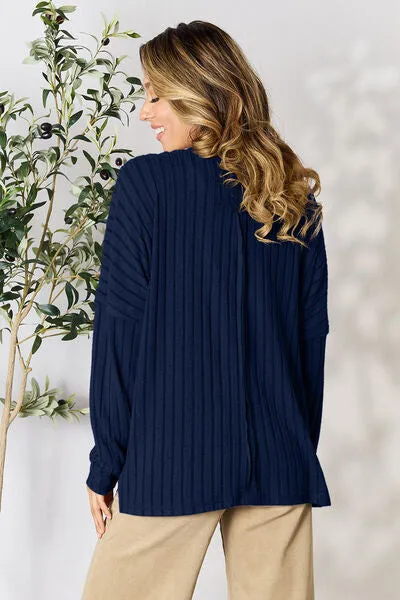 Basic Bae Full Size Ribbed Round Neck Slit Knit Top Sweater