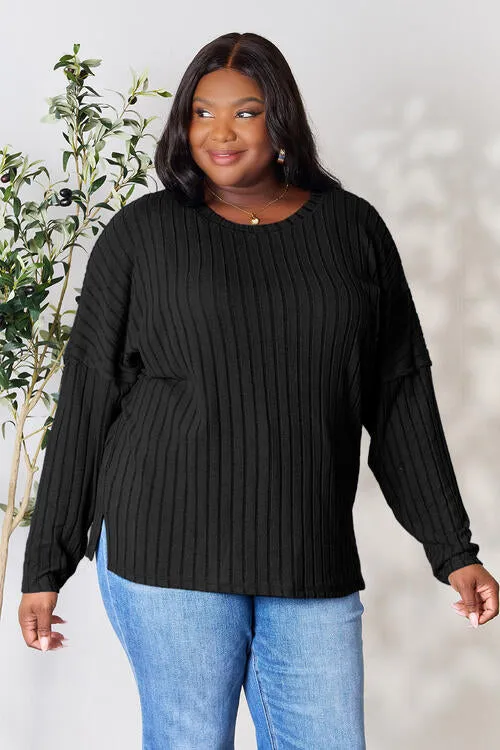 Basic Bae Full Size Ribbed Round Neck Slit Knit Top Sweater