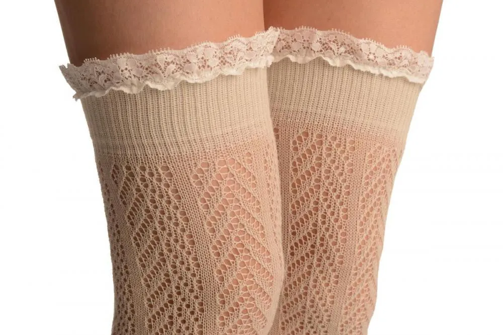 Beige Chevron Crochet Knit With Lace Trim