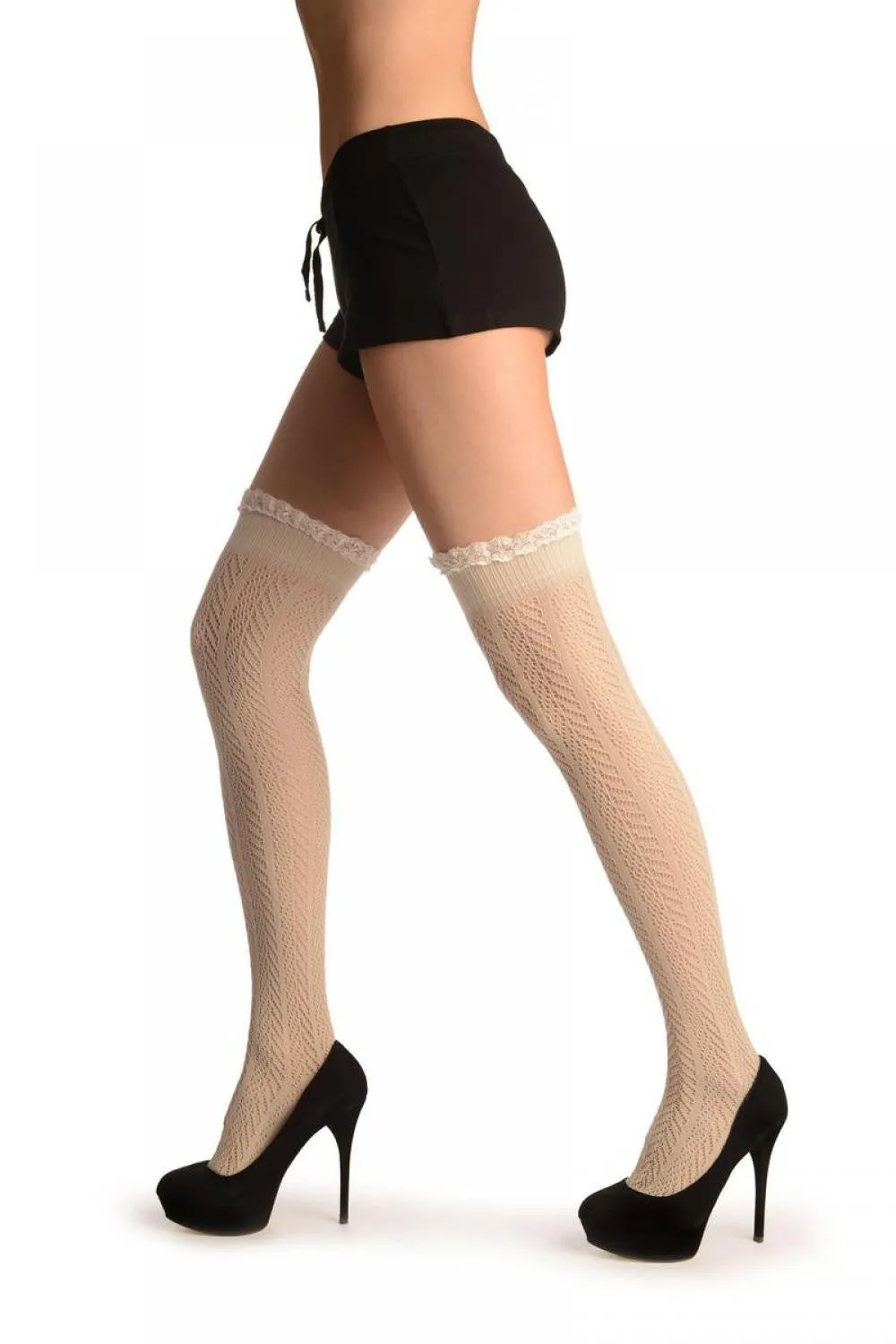 Beige Chevron Crochet Knit With Lace Trim