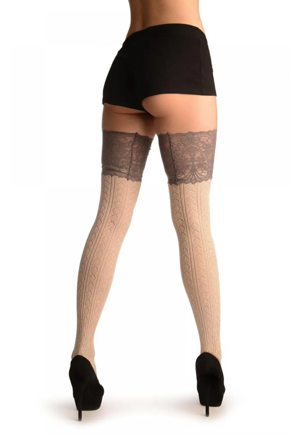 Beige Diamond Crochet Knit With Wide Lace Trim