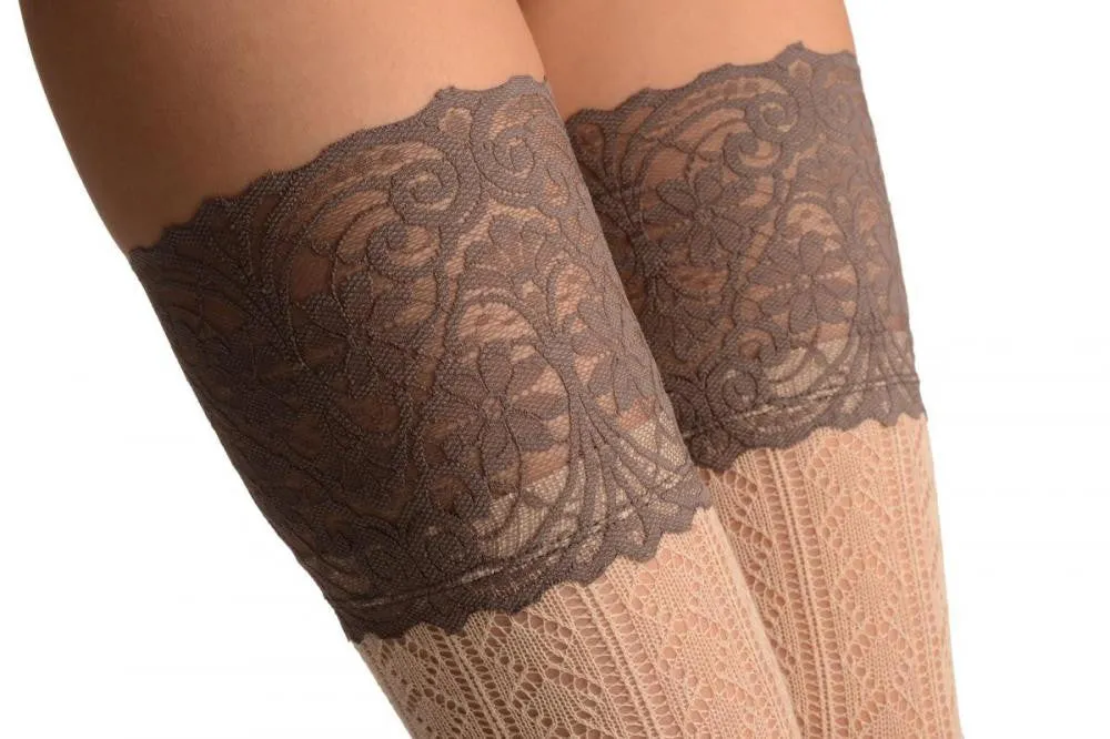 Beige Diamond Crochet Knit With Wide Lace Trim