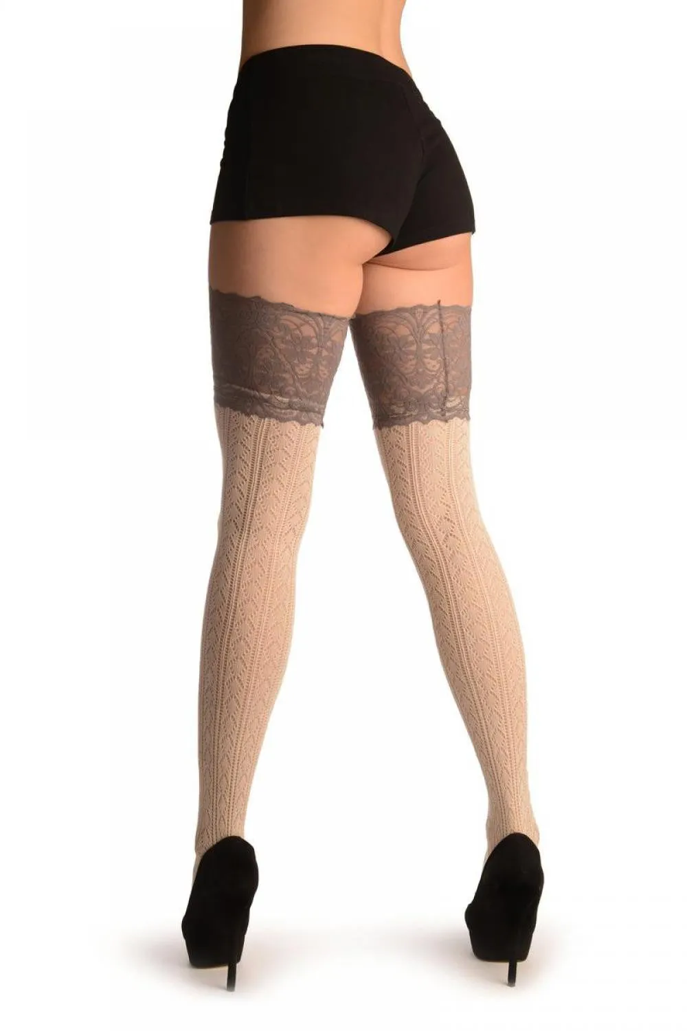 Beige Diamond Crochet Knit With Wide Lace Trim