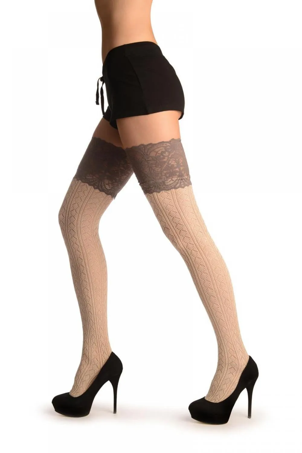 Beige Diamond Crochet Knit With Wide Lace Trim