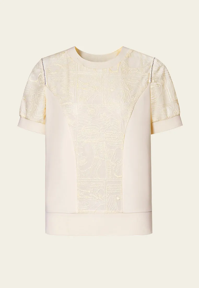 Beige Embroidered Short Sleeves Top