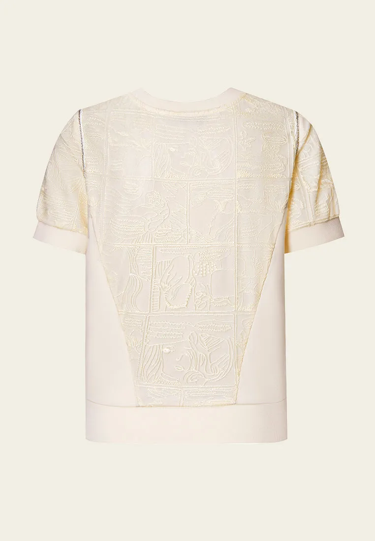 Beige Embroidered Short Sleeves Top