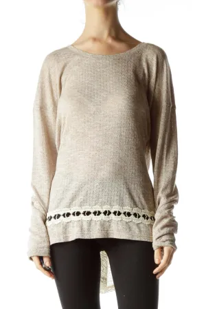 Beige Lace Bow Detailed Knit Top